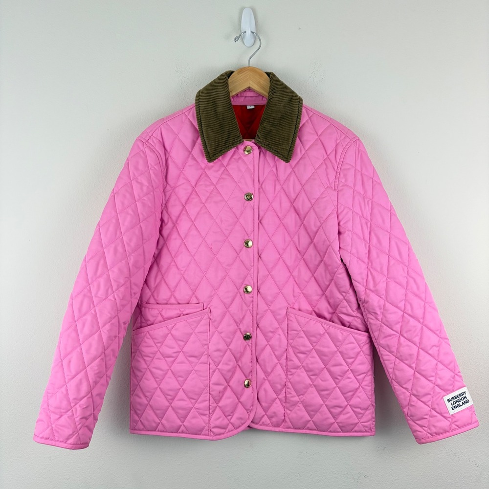 Burberry London England Equestrian Pink Quilted Barn Jacket Corduroy Collar Sz S